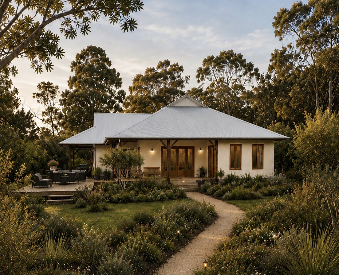 Viva Panel home at dusk with hipped metal roof, rendered straw walls, timber-framed doors and established native garden with winding path