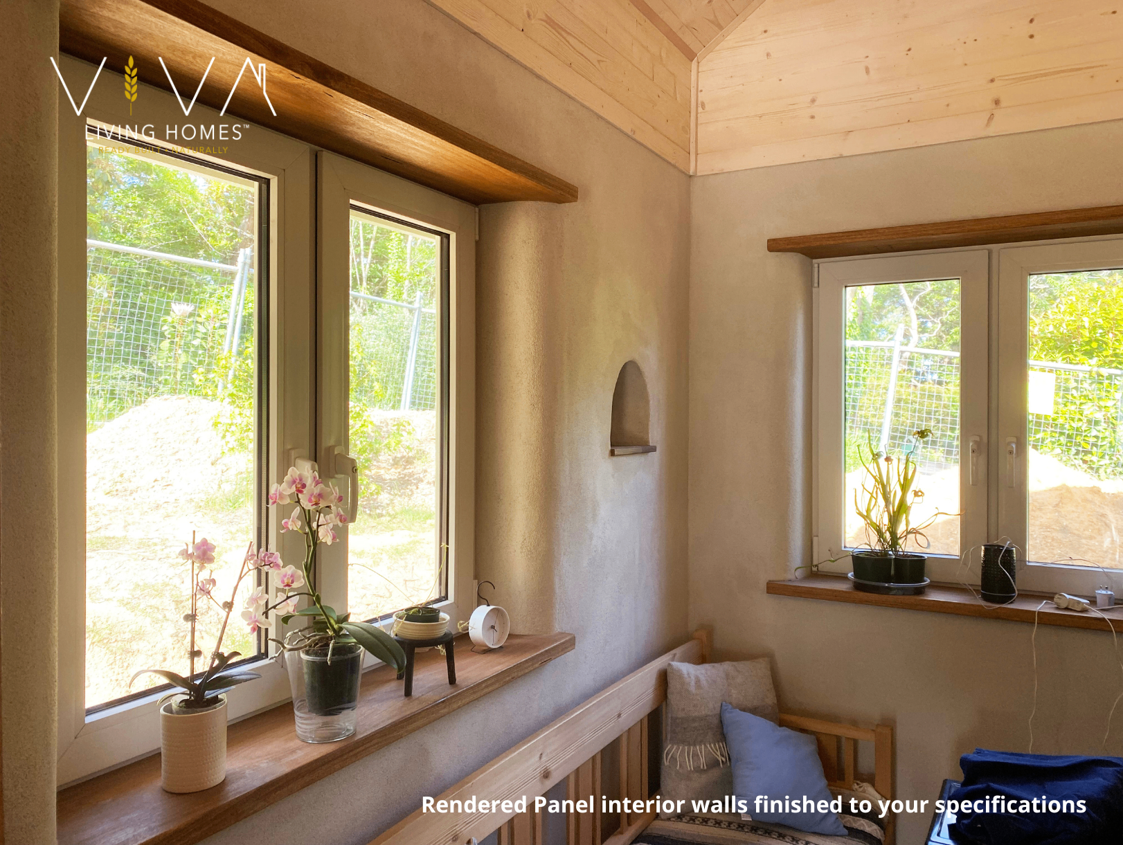 Rendered Viva Panel interior with timber window reveals, orchid on the sill and pitched timber-lined ceiling