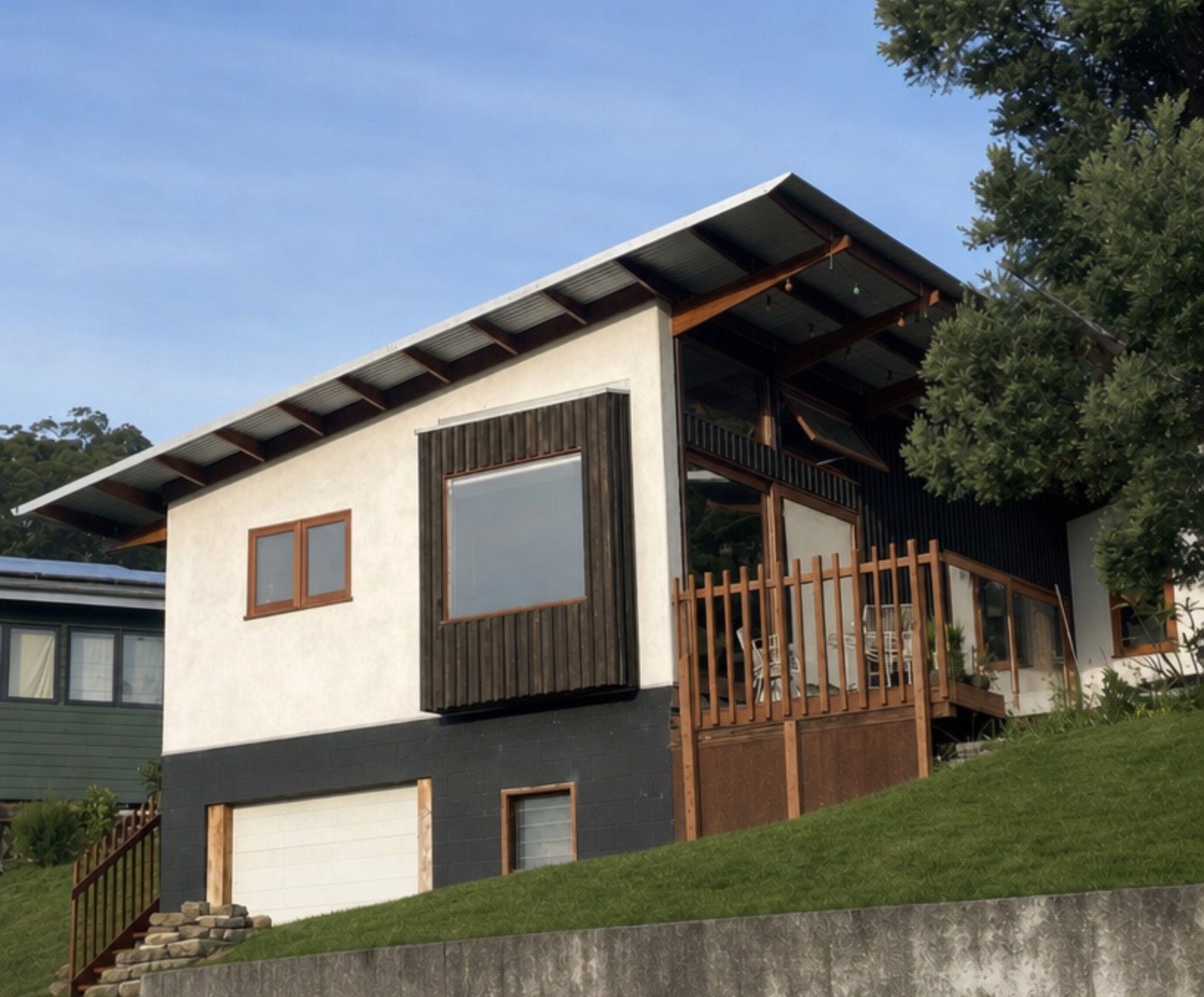 Viva Panel home with skillion roof, rendered straw walls, dark timber cladding and timber deck