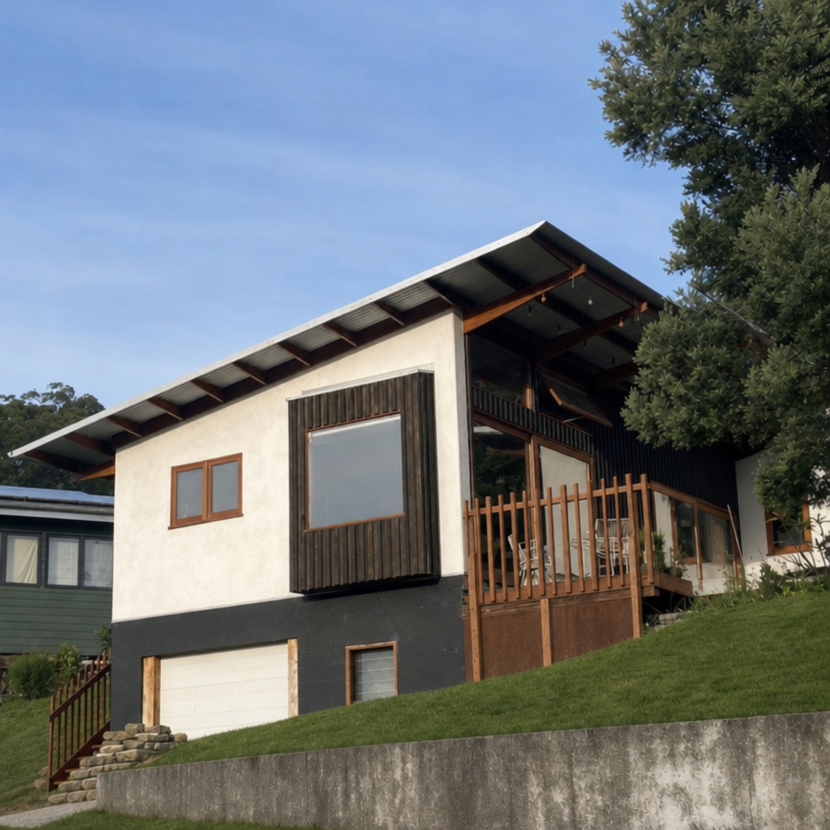 Viva Panel home with skillion roof, rendered straw walls, dark timber cladding and timber deck