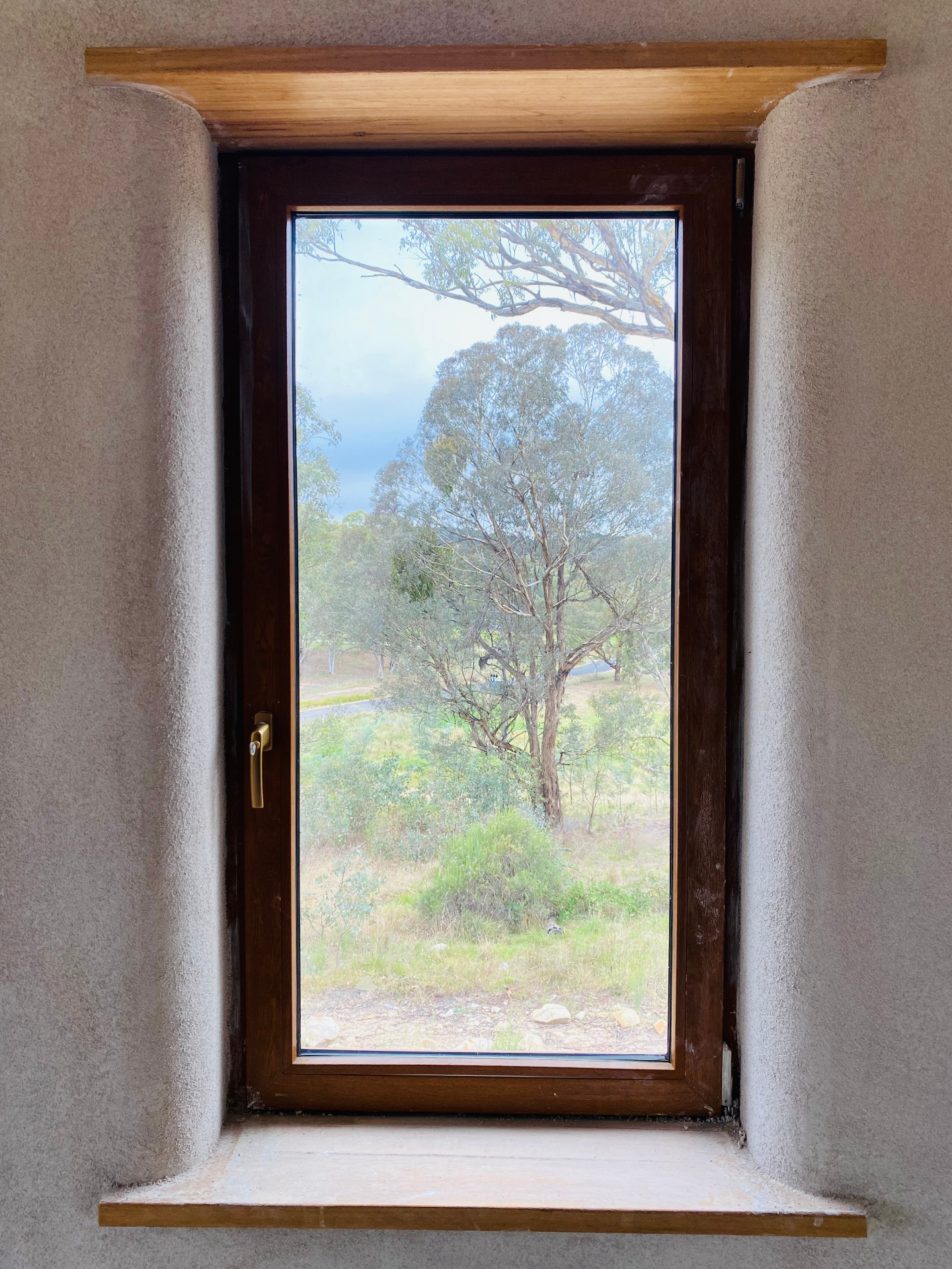 Timber-framed window set in a deep rendered straw wall reveal looking out to gum trees
