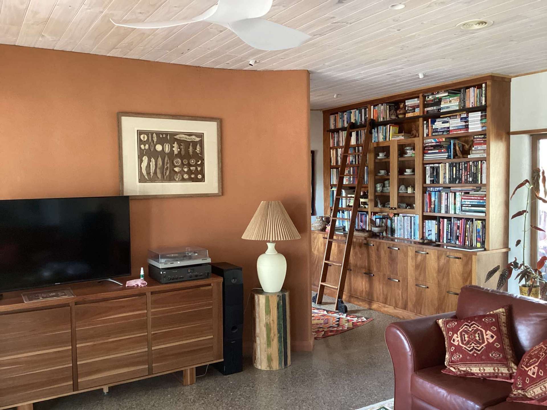 Warm interior of a Viva Panel home in Orange, NSW with timber bookshelves and ladder